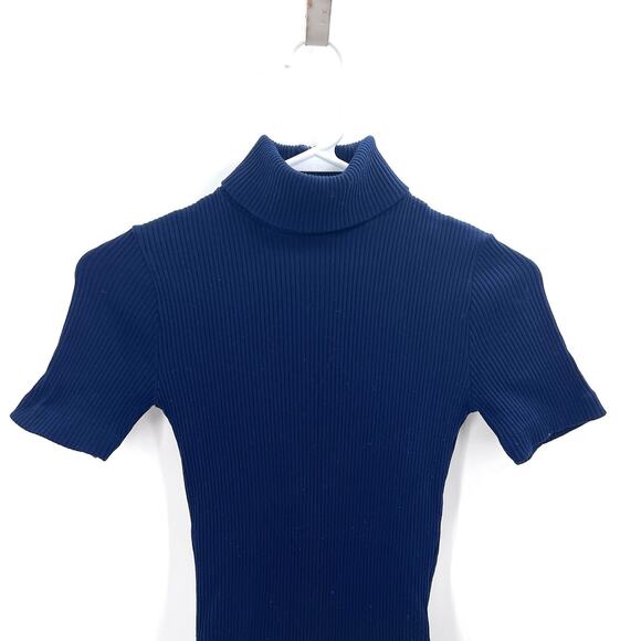 Vintage 70's Navy Blue Ribbed Turtleneck Shorts Sleeve Bodysuit Womens Small - Picture 2 of 3